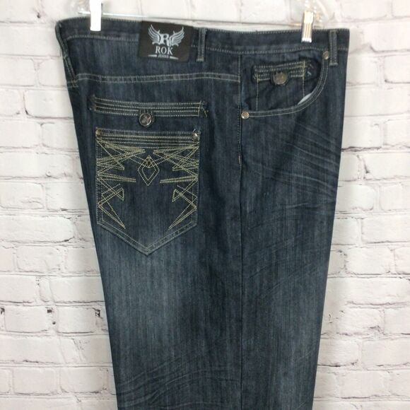 ROK Men’s Sz 44x34 Blue Jeans Denim Straight Leg Embroidered Pockets Whiskering - Picture 3 of 11